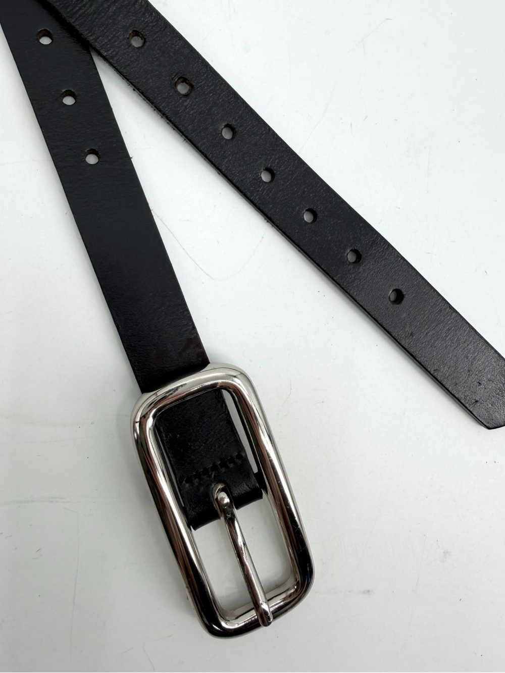 Belt Womens L Black Genuine Leather Perforated Silver Tone Buckle Classic Career
